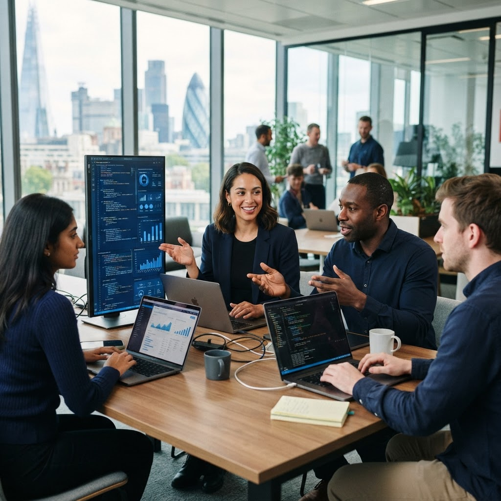 IT professionals collaborating in a modern office